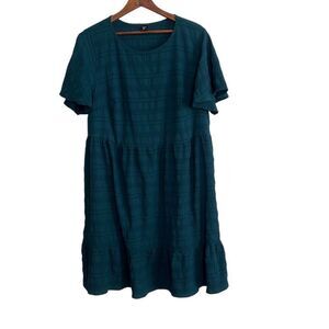 Shein Curve Short Sleeve Textured Ruffle Hem Luneh Babydoll Dress Teal 2XL